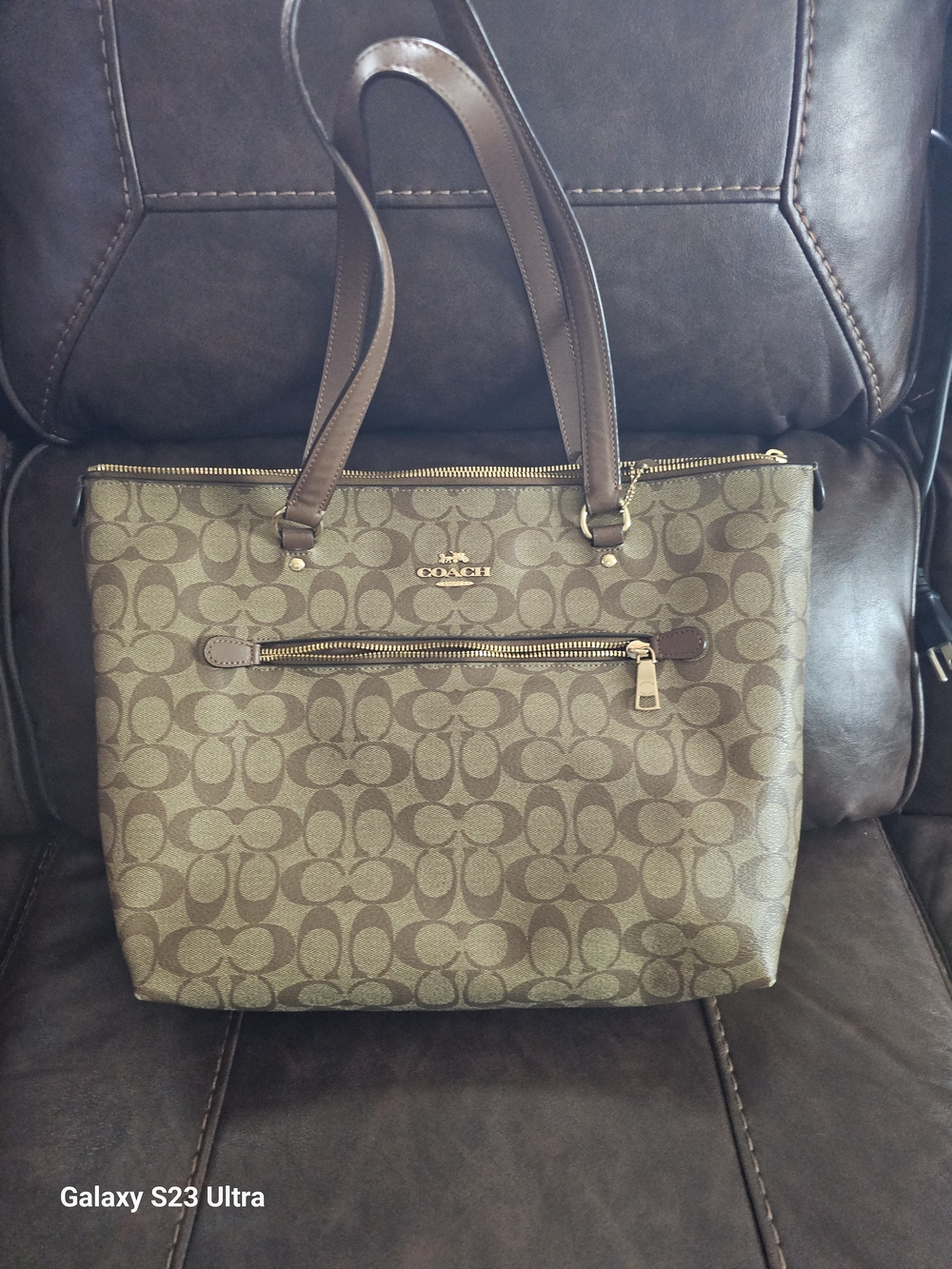 Coach Brown Signature Canvas Tote with Leather Trim - Picture 5 of 7